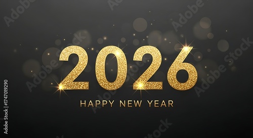 Golden Glitter 2026 Happy New Year Typography with Bokeh Lights on Dark Background