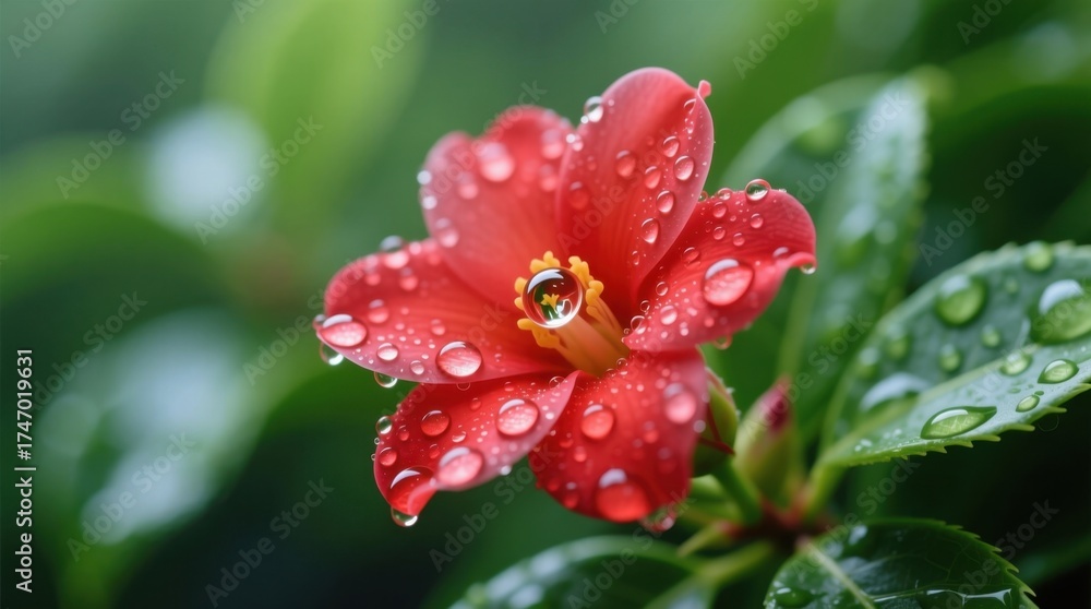 Fototapeta premium a vibrant red flower with water droplets glistening on its petals, surrounded by lush green leaves in the background