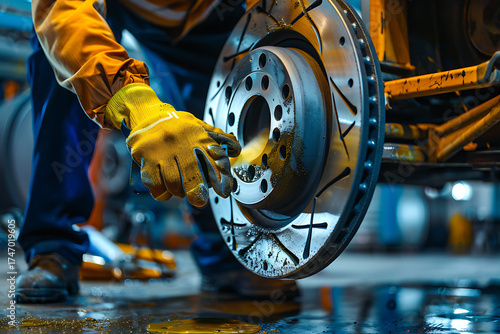 Mechanic cleaning disc brake with spray in professional garage setting