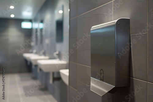 Modern office restroom with minimalist design and stainless steel fixtures