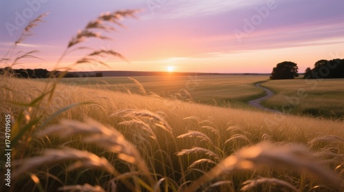  a field of tall grass with a path winding through it, surrounded by trees and a beautiful sunset in the background The sky is filled with clouds and the sun is set