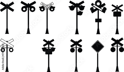 Railroad Crossing Signs in Varied Styles with Lights, Barriers, and Text — Traffic Safety Vector Set for Urban Design and Educational Projects