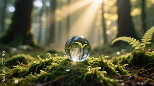  a glass ball sitting on top of a moss covered ground in the woods, surrounded by trees in the background The glass ball is reflecting the sunlight, creating a beau
