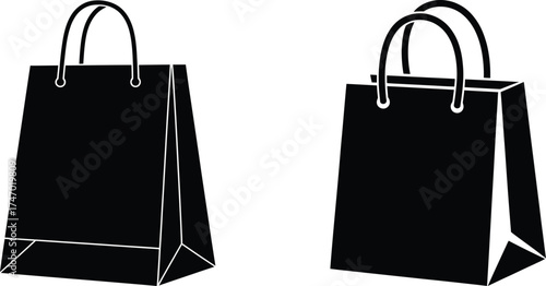 Two black shopping bags with handles for retail and purchases