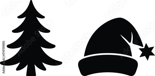 Simple black silhouette christmas tree and santa hat festive holiday icons set