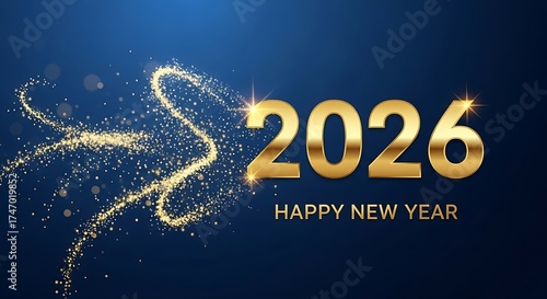 Golden 3D Happy New Year 2026 with Abstract Glitter Wave on Dark Blue Background