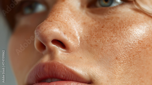Eczema close up skin: Close up of young woman with natural freckles feeling confident and radiant, showcasing beauty and healthy skin texture