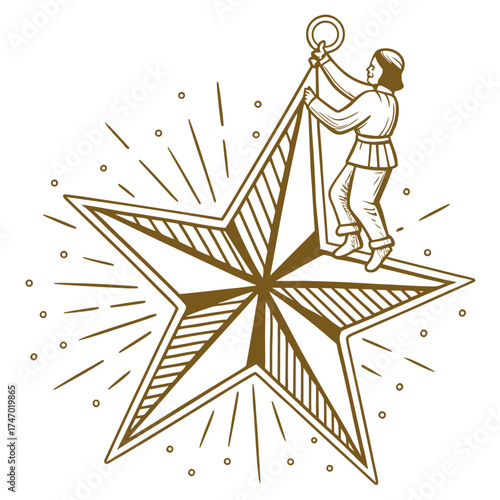 Person placing star on top of large star icon golden