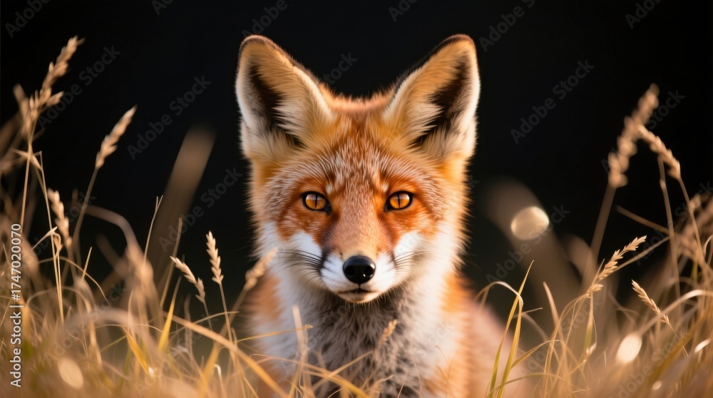 Fototapeta premium a red fox sitting in tall grass with a black background The fox has a white and brown coat, and the grass is a vibrant green