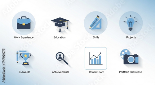 Resume and cv vector icons set work experience, education, skill, project, award, achievement, contact, and portfolio