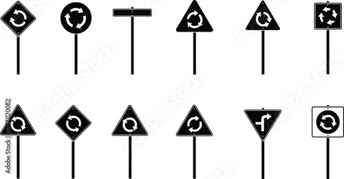 Roundabout Road Signs in Varied Shapes and Arrow Styles — Traffic Safety Vector Set for Urban Planning, Signage Design, and Educational Projects