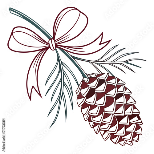 Pinecone with burgundy bow and pine needles vector