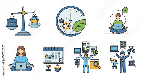 Work life balance concept time management, meditation, calendar, document, family, and career icons set