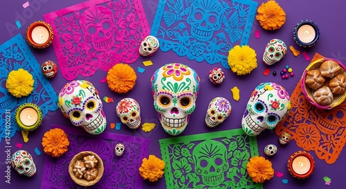 Colorful day of the dead arrangement with sugar skulls and decorations