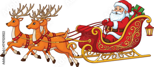 Santa Claus Riding Sleigh with Gifts and Reindeer, Lantern Hanging, Red Suit, White Background — Festive Christmas Cartoon Vector for Holiday Design
