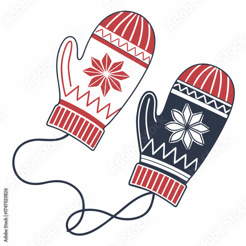 Red and blue mittens with white snowflake pattern gloves