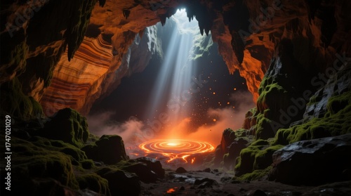  an animated cave with lava flowing out of it, surrounded by rocks and illuminated by a light at the end