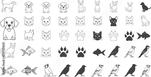 Cute animal icon set collection of dogs, cats, fish, birds, and paw prints, simple line art pet illustrations, vector design