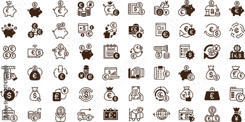 Finance, currency, banking, investment, money, savings, exchange, piggy bank, dollar, euro, yen, pound, accounting, economy, transaction, budget, fintech, business, wallet, financial icons
