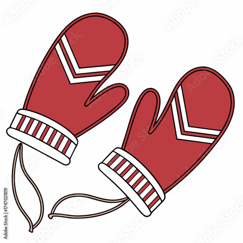 Red mittens with white stripes and strings gloves