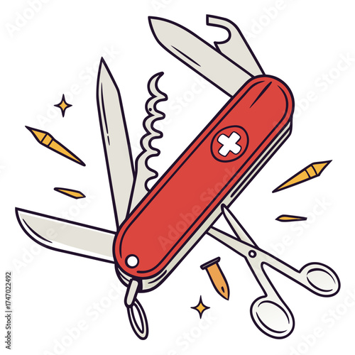 Red swiss army knife with open tools and sparks multi tool