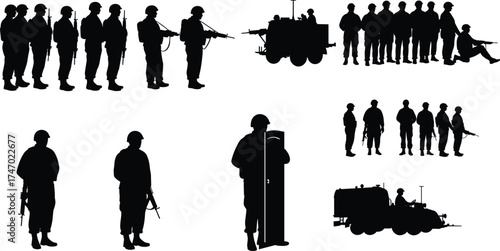 Soldier Silhouettes with Military Vehicles and Shield — Tactical Vector Set for Security, Defense, Strategy, and Educational Design Projects on White Background
