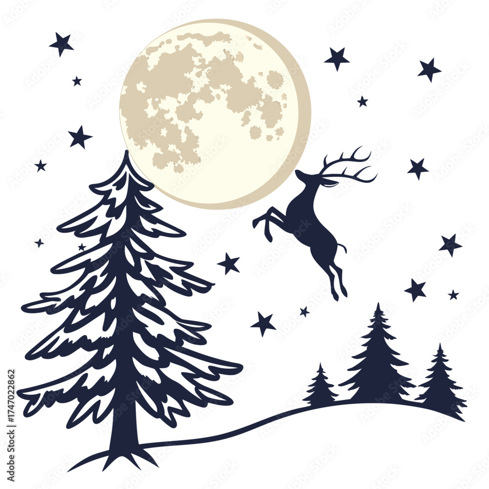 Naklejka premium Reindeer leaping past moon and pine trees vector graphic
