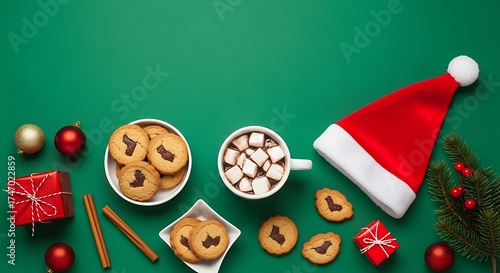 Christmas treats and decorations on a green background top down view
