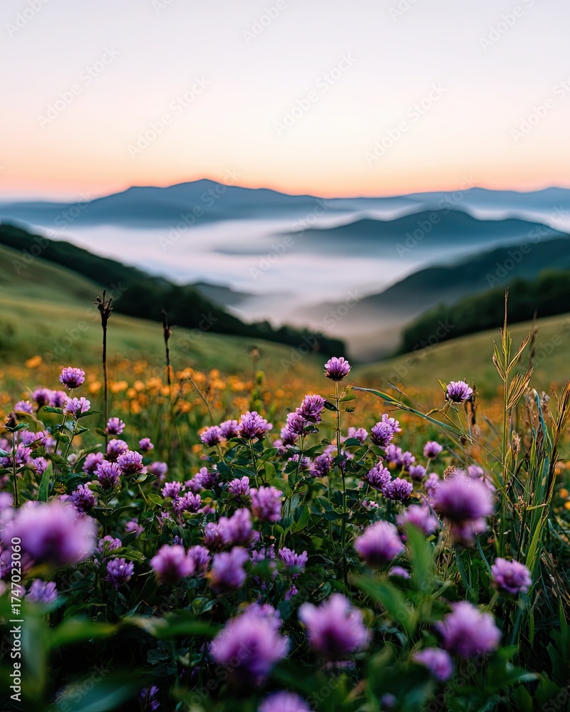 Obraz premium Serene Mountain Landscape with Wildflowers at Sunrise