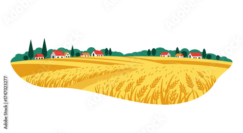 Golden wheat field landscape with small red roofed houses in distance