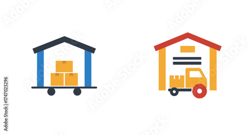 Simple vector graphic showing delivery truck and packages in stylized sheds
