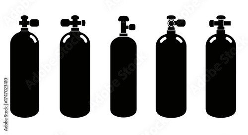 Five black silhouettes of scuba diving tanks displayed in a row