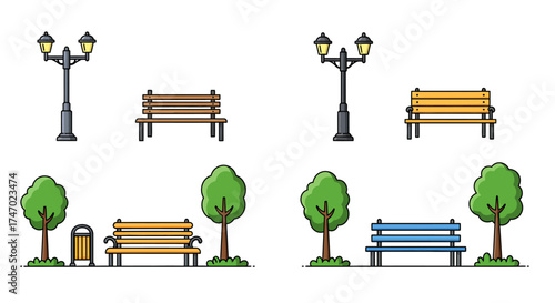 Park elements including benches lamp posts trees and trash receptacles