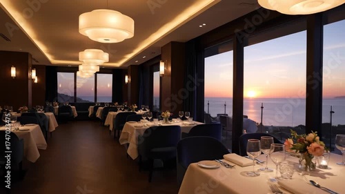 Upscale Restaurant with Ocean View at Sunset - This is a photograph of an empty upscale restaurant with tables set for dinner service.