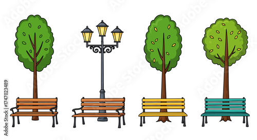 Cartoon park scene with street lamps benches and lush green trees