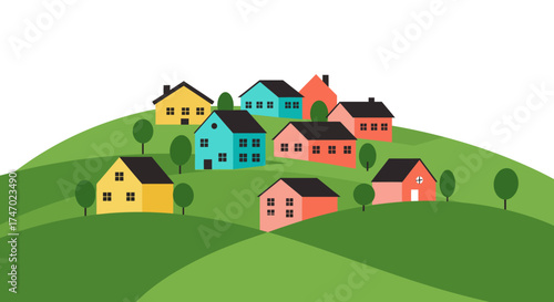 Colorful houses nestled on a vibrant green hill illustration