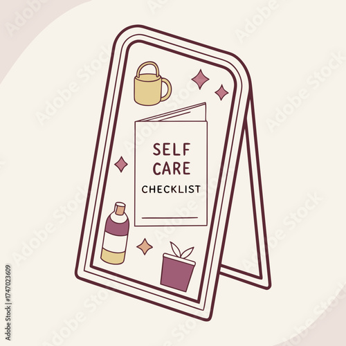 Self care checklist with mug lotion and plant icon