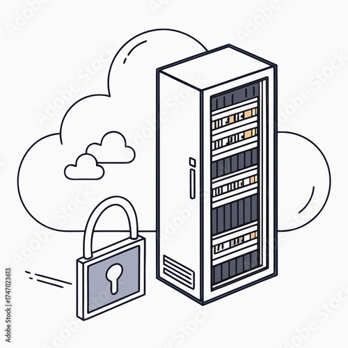 Server rack with cloud and padlock icon cloud computing
