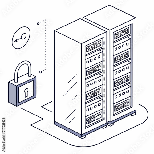 Server racks with padlock and data flow illustration