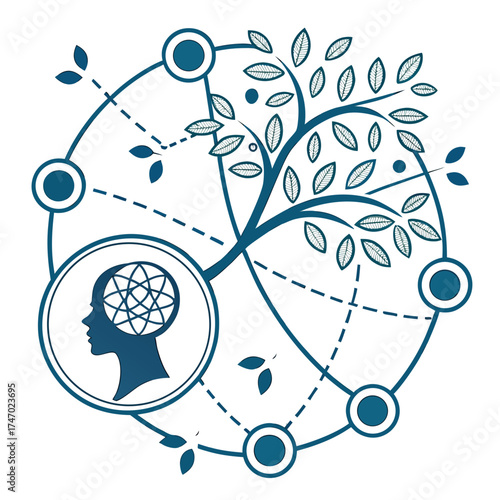 Silhouette head with orbiting tree and nodes mind map