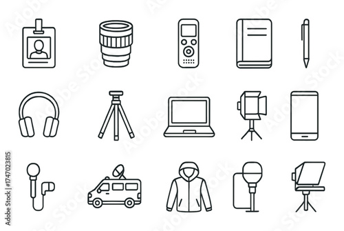 Outline of photography and videography equipment icons on textured background