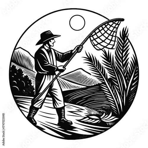 Man with Net Silhouette Hunting with Nature Landscape Illustration on White Background