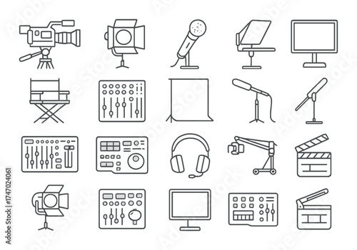 Film and audio production equipment icons on gray background