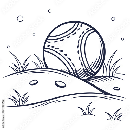 Simple line art baseball on grassy mound sport game