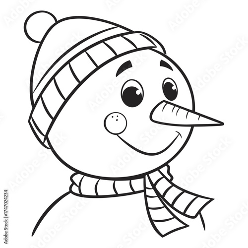 Simple line art snowman head with hat and scarf icon 1