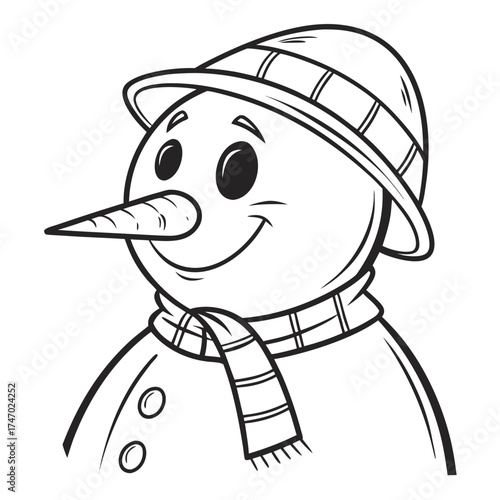Simple line art snowman head with hat and scarf icon