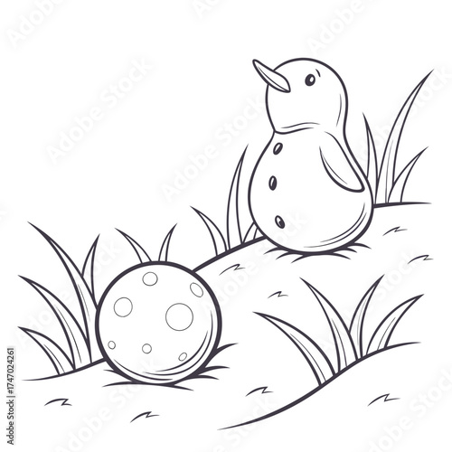 Simple outline of a bird and a textured ball in grass