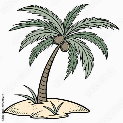 Single coconut tree on a small island with coconuts