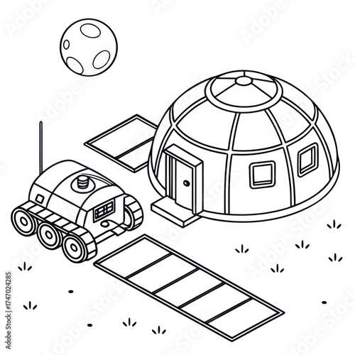 Simple outline of a Mars base with rover and moon space exploration