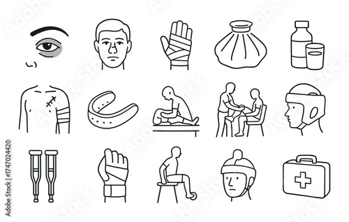 Medical icons depicting injuries and treatments with crutches and bandaging
